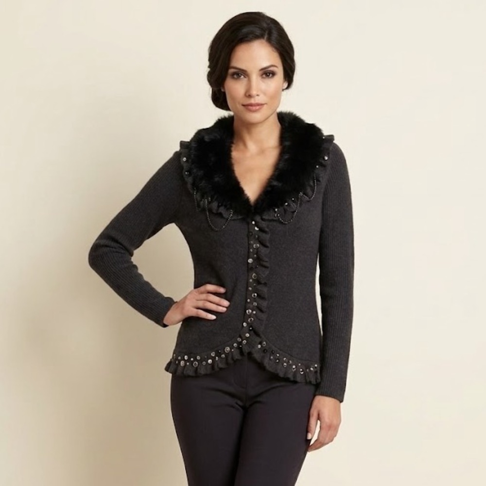 Alberto Makali Luxury Angora Cardigan w/ Real Fur Collar | Size Large